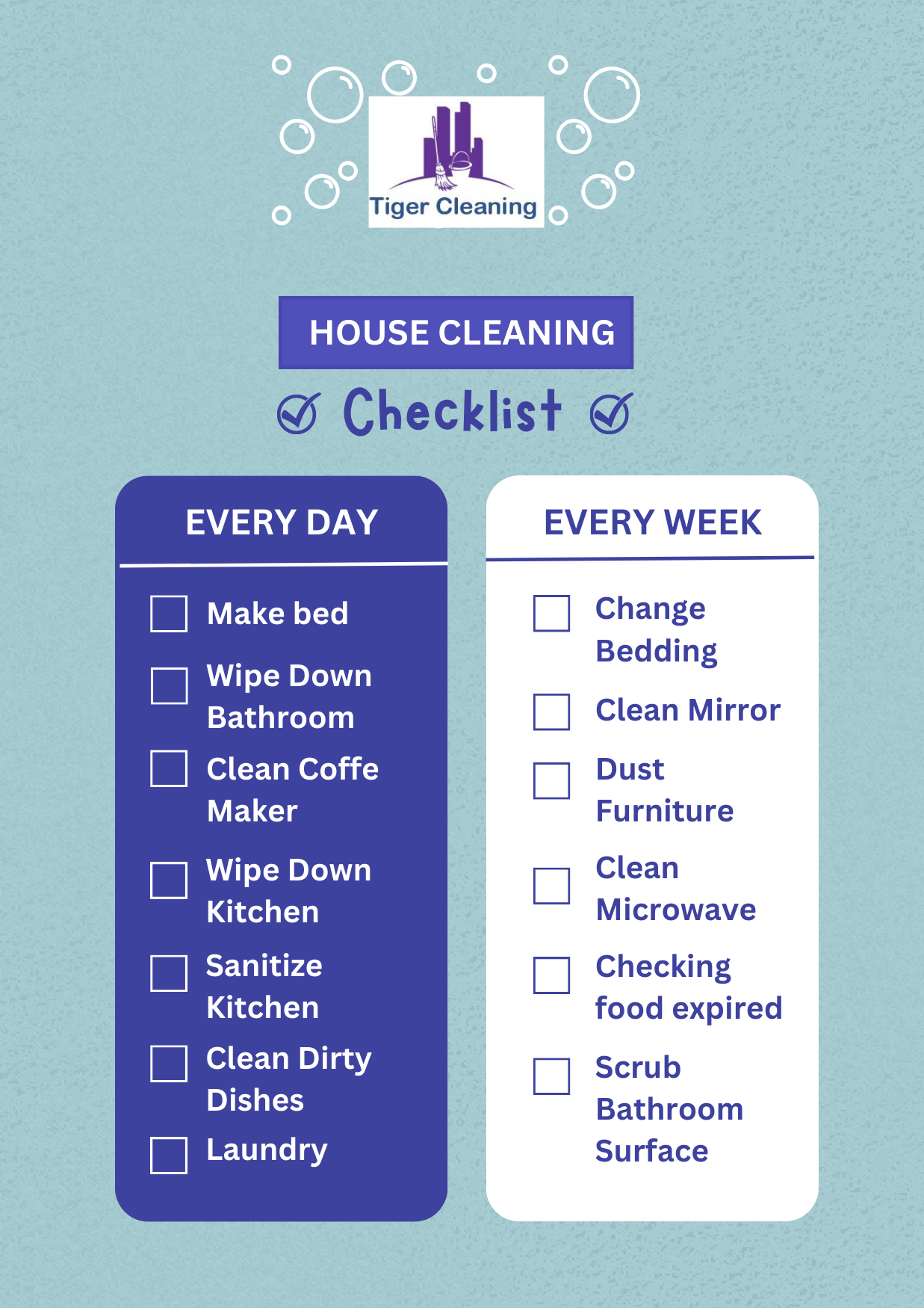 Home cleaning checklist- Tiger Cleaning